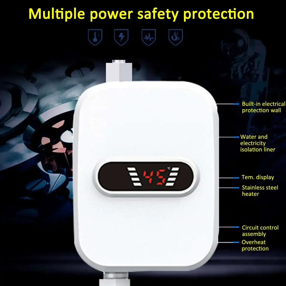 220V 3500W Mini Water Heater Hot Electric Tankless Household Bathroom Faucet with Shower Head LCD Temperature Display