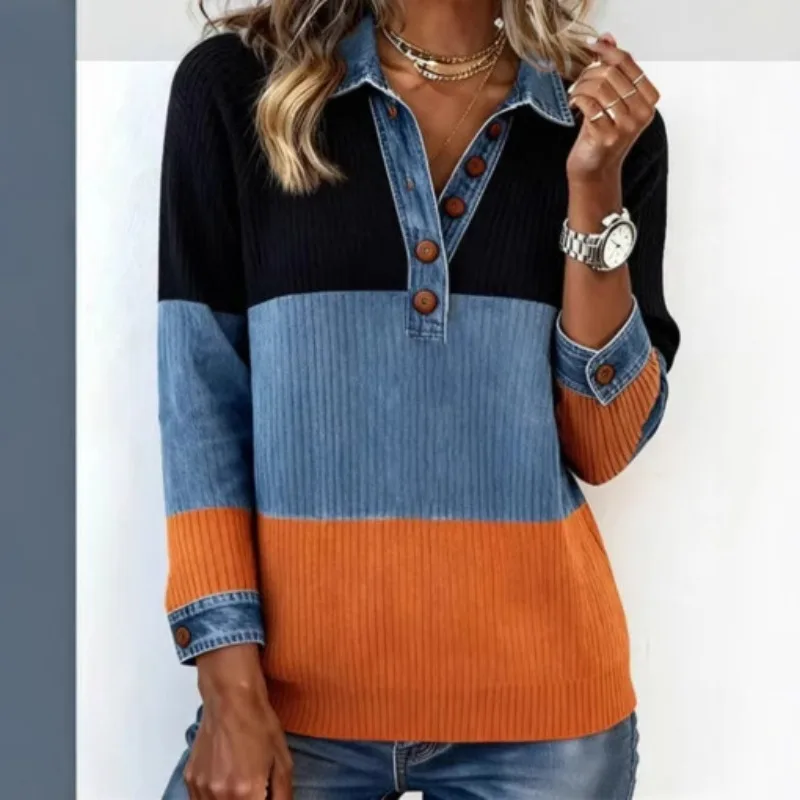 Amazon's European  American women's clothing store offers a patchwork denim knitted color-blocking button-down shirt collar top.