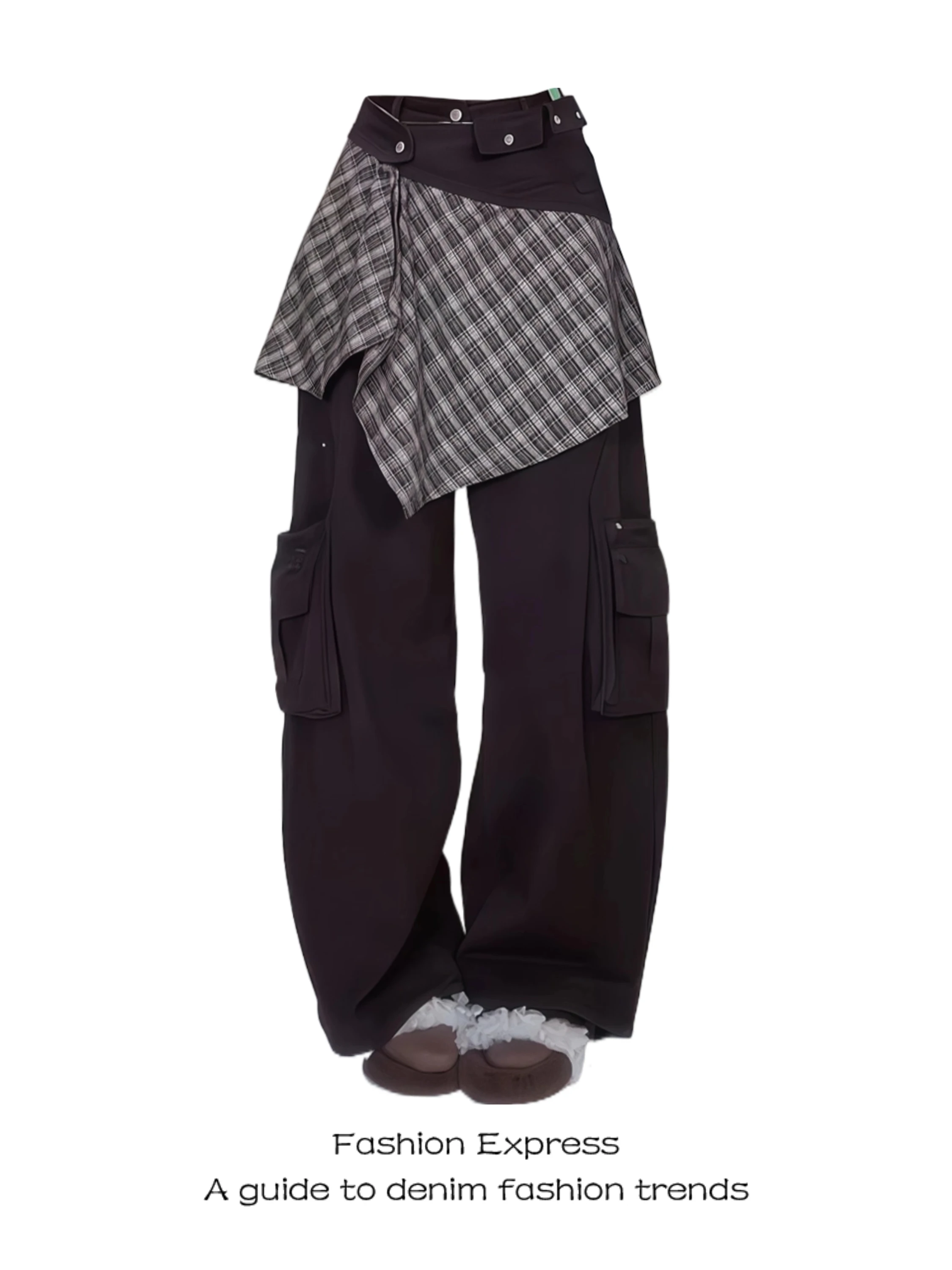 

Women's Casual Wide Leg Pants 2025 New Winter American Retro Brown Spicy Girl Plaid Patchwork High Waist Jeans