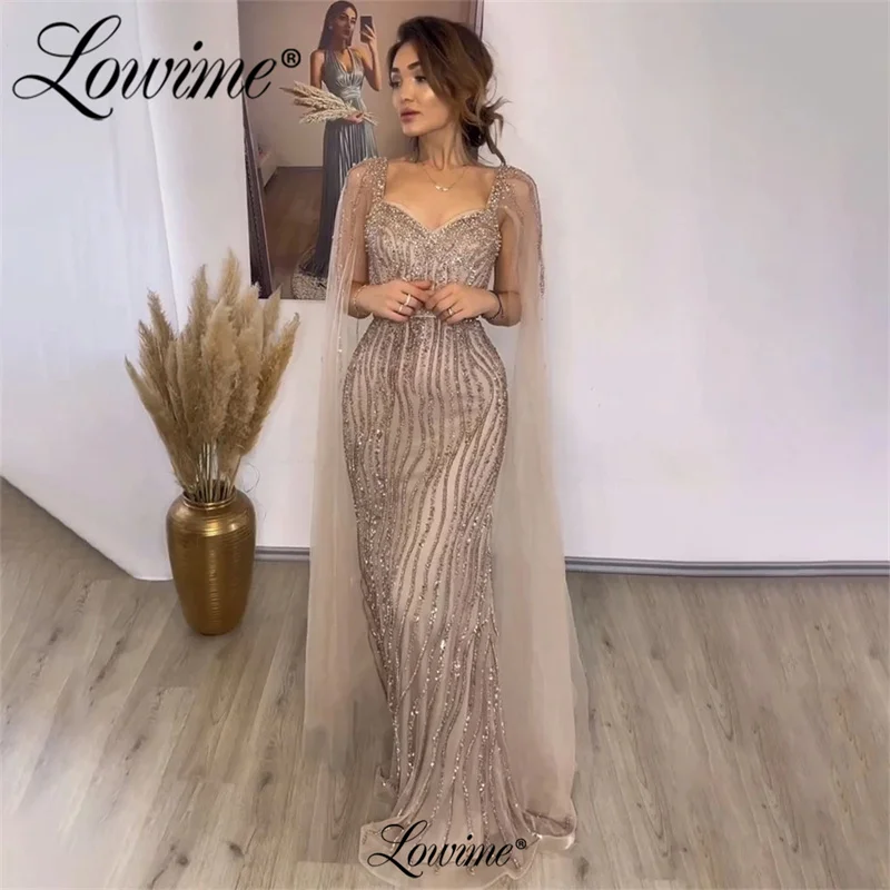 Lowime Blue Party Dresses Robe De Soirée Beaded Capped  Sleeve Formal Evening Gowns Arabic Dubai Prom Dress Long Celebrity Dress