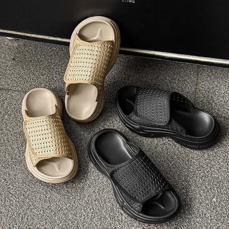 خمر نمط الرجال الصنادل الترفيه المشي الذكور الانزلاق على النعال القش النسيج الصيف المفتوحة تو أحذية الشاطئ الشقق عادية