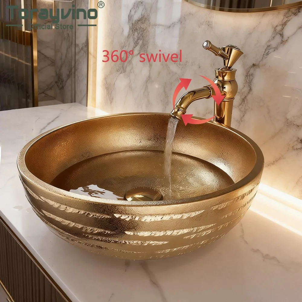 Torayvino Gold Round Bathroom Ceramic Lavatory Set Bath Mixer Washbasin Vessel Sink 360 Swivel Faucets W/ Pop-up Drain Combo Kit