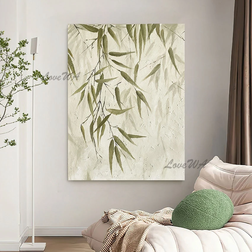 

Abstract Bamboo Leaves Picture Canvas Unframed Wall Hanging 3d Natural Scenery Art Painting Acrylic Still Life Hand Drawing