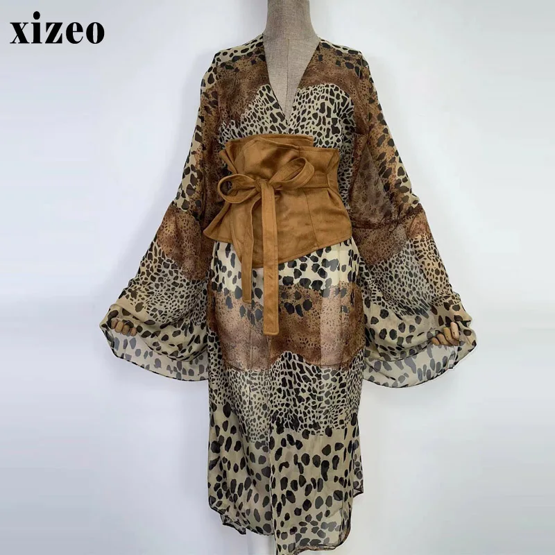 

XIZEO Summer Women Cardigan stitch Cocktail sexy Boho Maxi African Holiday leopard print waistband Robe kimono kaftan