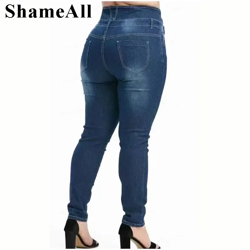 Plus Size Button Up Slim Skinny Dark Blue Full Length Jeans 4XL 5XL Women High Waist Stretch Thin Denim Pants Lady Trousers