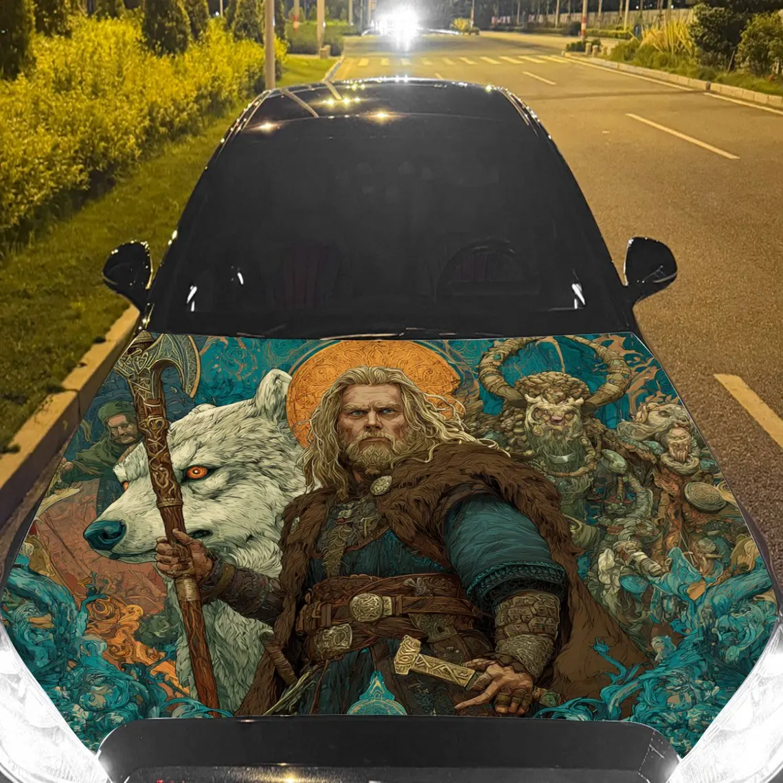 

Ghostly Blue Viking Legend Car Vinyl Wrap, PVC Material Waterproof Car Hood Sticker, Self-Adhesive Scratch-Resistant Stickers fo