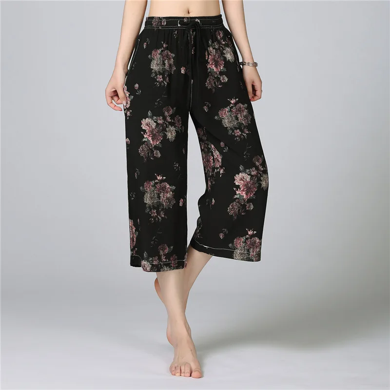 Capris Pajama Pants Women's Loose Summer 100% Cotton Home Pants High Quality Wide Leg Plus Size Home Air Conditioning Trousers