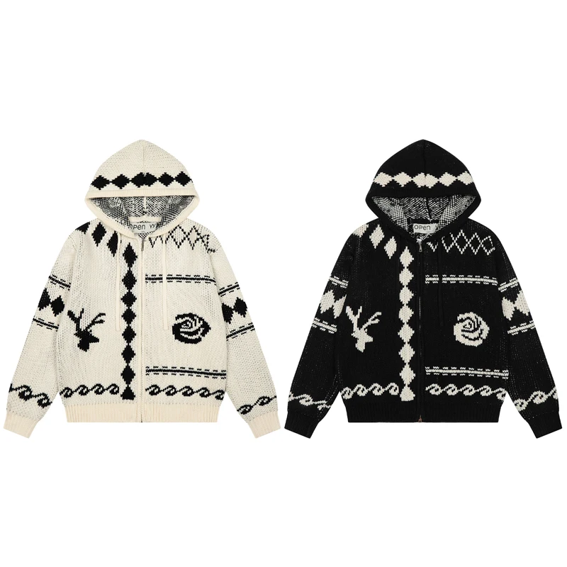 

Cardigan Zipper OPEN YY Elk Rose Jacquard Knitt Hooded Sweater Jacket Men Women 1:1 High Quality Loose Casual Pullovers Tops