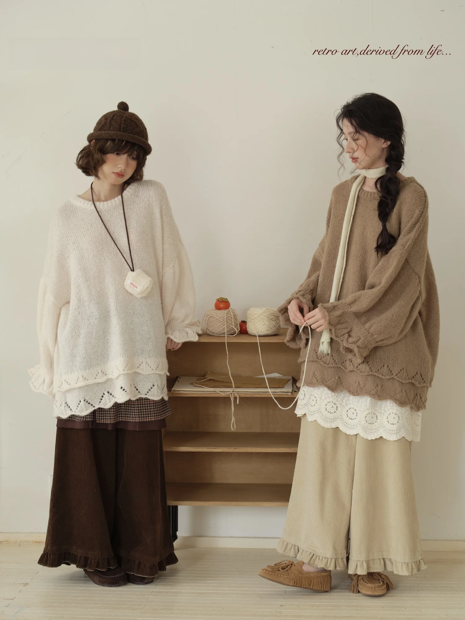 

Retro Artistic Flud Sve Hooded Knit Sweater Women's Loose Slimming Knitted Top Autumn Winter Lazy Sle Faionable ...