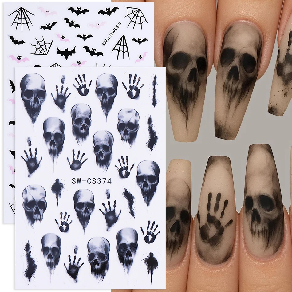 2 Stück Halloween-Nagelkunst-Aufkleber im dunklen Stil mit Skelett-Handabdruck, Spinnennetz und Fledermaus-Design, Nagelsticker für DIY-Maniküre-Dekoration. – Detail 2