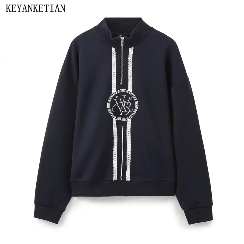 

KEYANKETIAN 2024 Autumn New Women's Alphabet Embroidery Half Zip Hoodie Pullover Unisex style Mock Neck Oversize Sweatshirts Top