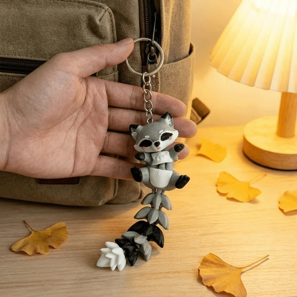 Cute Movable Joint 3D Printed Key Chain Decorative Fantasy Style Raccoon Key Chain Plastic Car Hanging Pendant Car Decoration