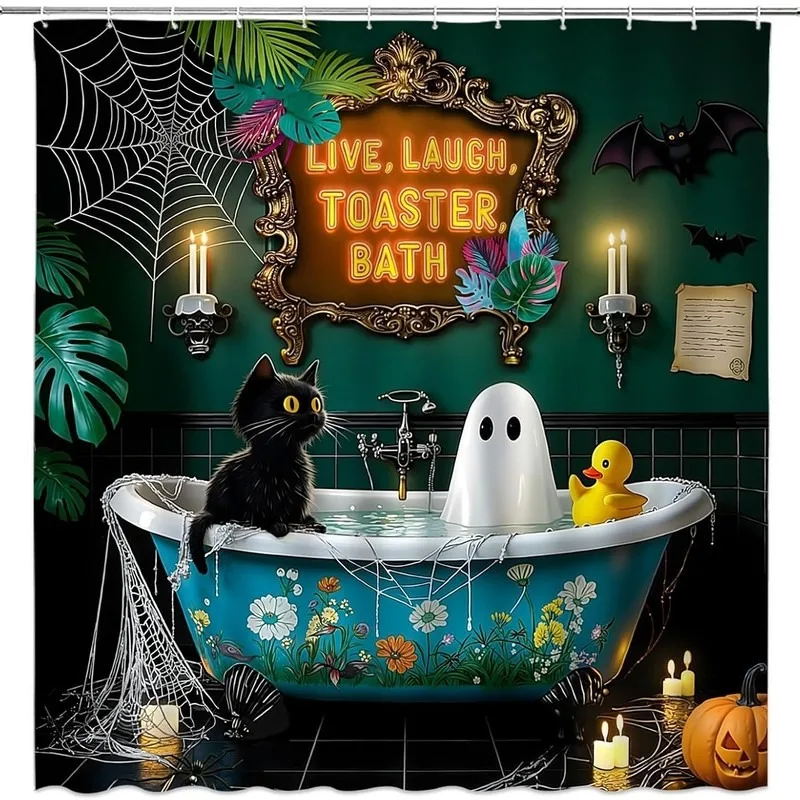 Halloween Black Cat Ghost Rubber Duck Spider Web Bat Shower Curtain Bathroom Decor No Drilling 12 Hooks Included