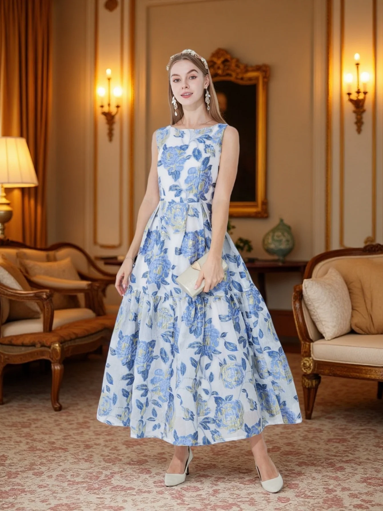 2026 Spring Summer New Luxury Heavy-Duty 3D Gold Thread Jacquard Sleeveless Waist-Cinching Full-Skirt Banquet Gown