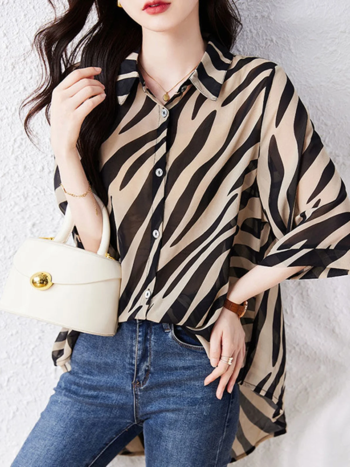 plus maat gestreepte zonbescherming chiffon irt damesblouse met zebraprint, losse kraag, midi-lengte polyestervezel