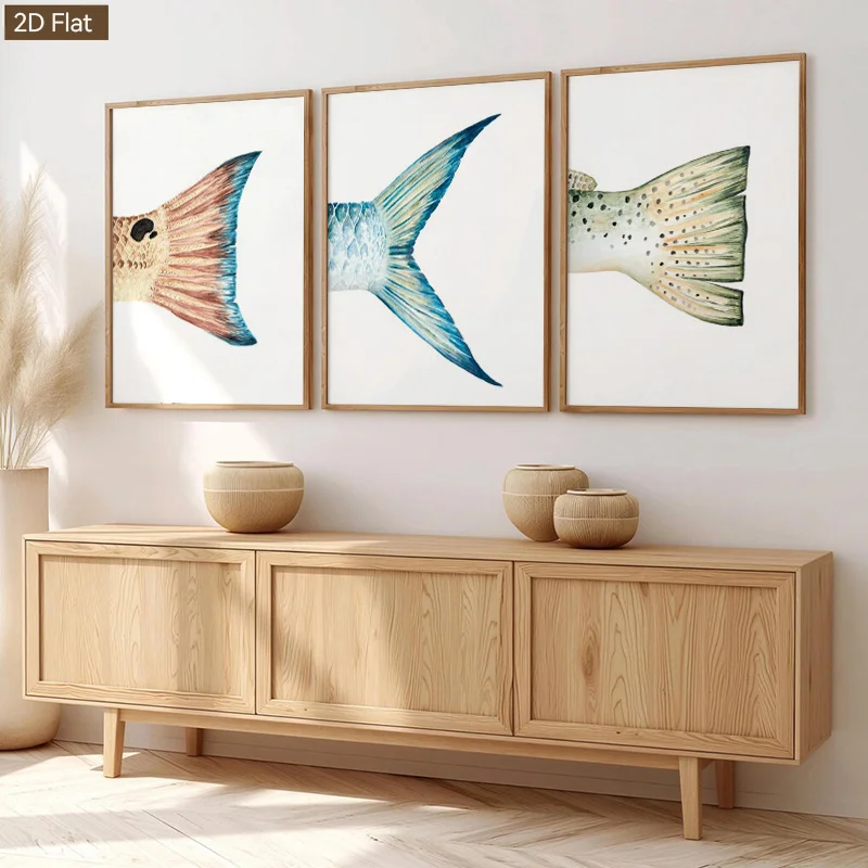 2D/Flat 3pcs Blue Fish Tail Decorative Painting, Light Luxury Ocean Style Wall Art for Bedroom Headboard, Living Room Sofa