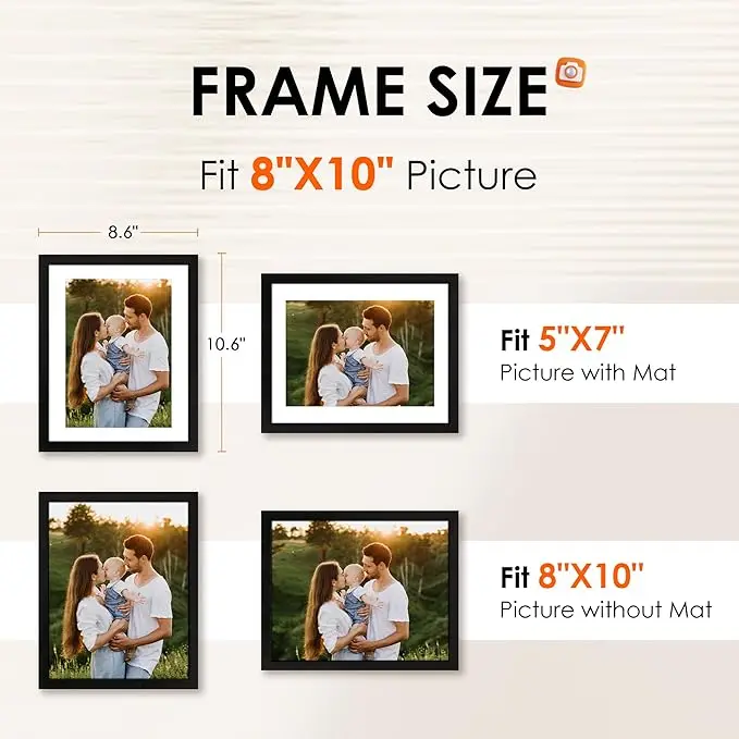 8x10 Picture Frame 1 Pack, Photo Frame with HD Plexiglass, Display Pictures 5x7 with Mat or 8x10 Without Mat, Picture Frames Collage for Tabletop or Wall Display, Black