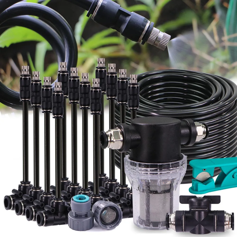 System chłodzenia mgłowego 3/8" 9/12 mm 360° Zgięcie 0,6 mm Dysze Atomizatory Opryskiwacze Węże PE Filtr siatkowy 80 Mesh Nawadnianie ogrodu Podlewanie