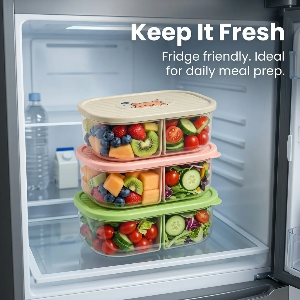 Cute Plastic Divided Lunch Box For Kids Students Portable Sealed Detachable 3 Grids Fruit Salad Food Container Microwave Safe view 5