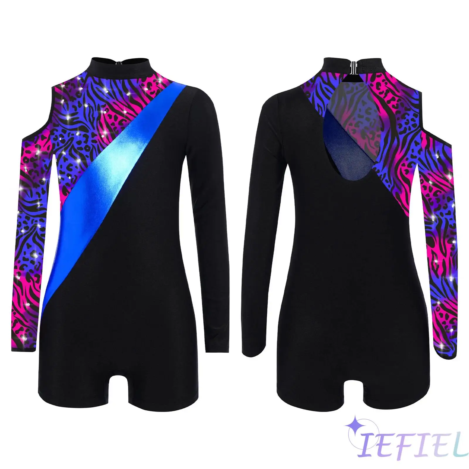 

Girls Ballet Dance Jumpsuit Long Sleeve Back Hollow Out Rhinestones Stylish Print Gymnastics Dance Stage Figure Skating Bodysuit