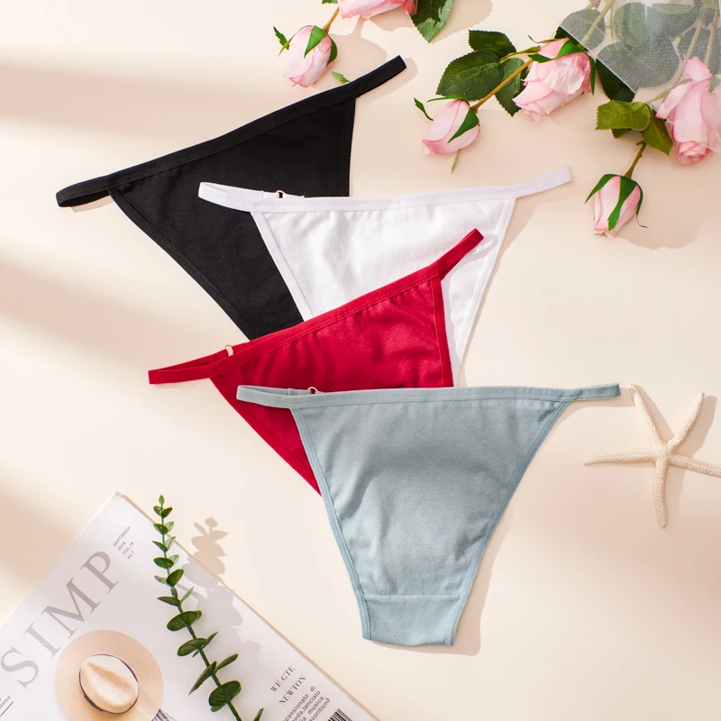 4pcs solid color cotton low waist sexy thong fashionable and hot bikini beach pool metal heart buckle thin waist belt breathable