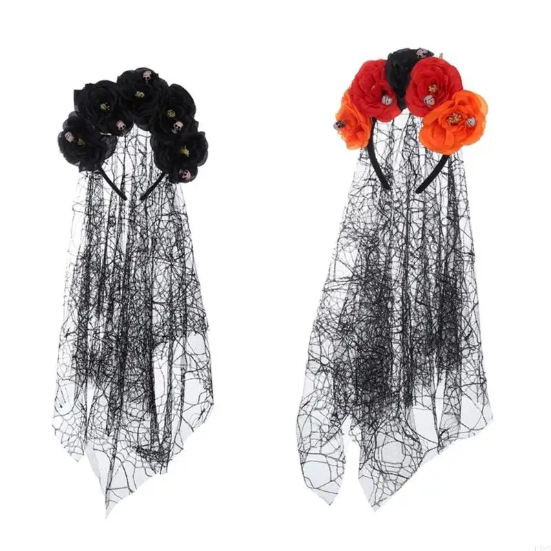 P88B Halloween Spinnennetz Schleier Goth Blumenkronen Für Frauen Gothic Schädel Stirnband