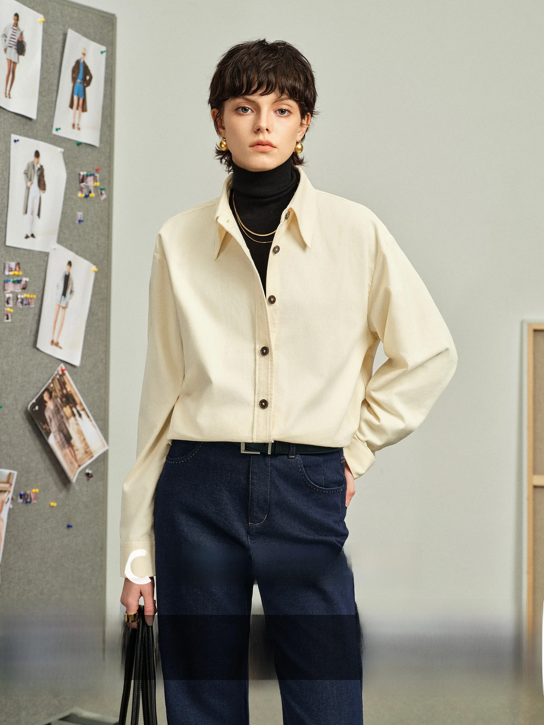 

CA Women's Loose Cotton irt Collared Long Sve Simple Commute Sle Glossy Feel Medium Length Straight Cut