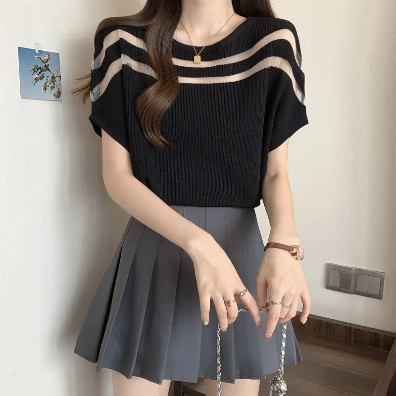 O-Neck 2024 Women\'s Summer New Spliced Screw Thread Batwing Sleeve Fashion Minimalist Loose Ice Silk Knitted Short Sleeved Tops