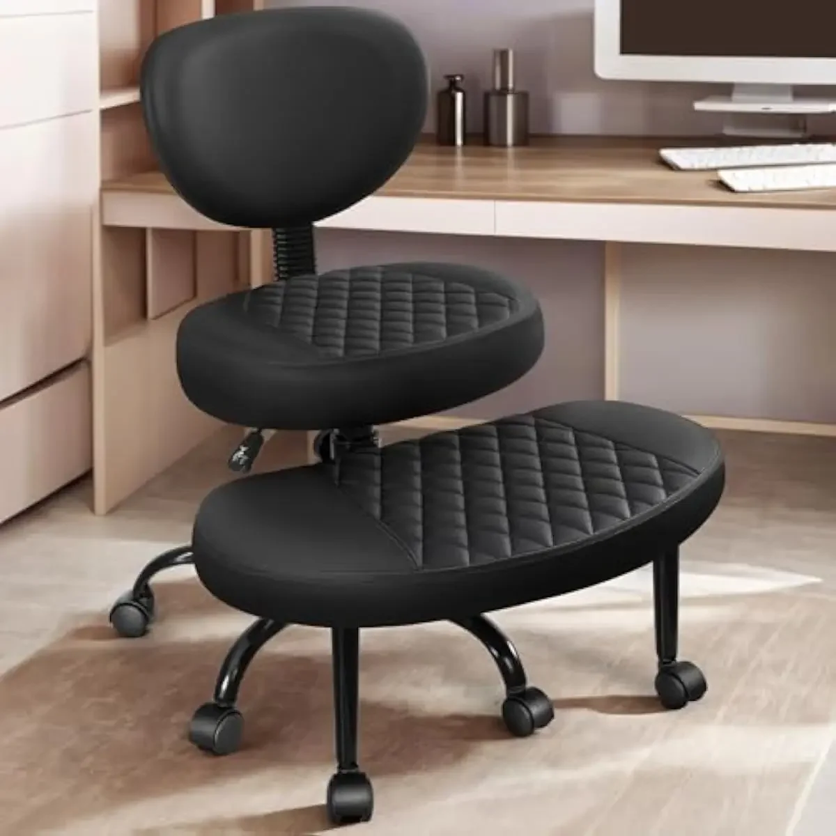 Cross-legged ergonomic chair with 360° rotating footrest, faux leather seat, steel base, FSC-certified wood frame, lumbar suppor