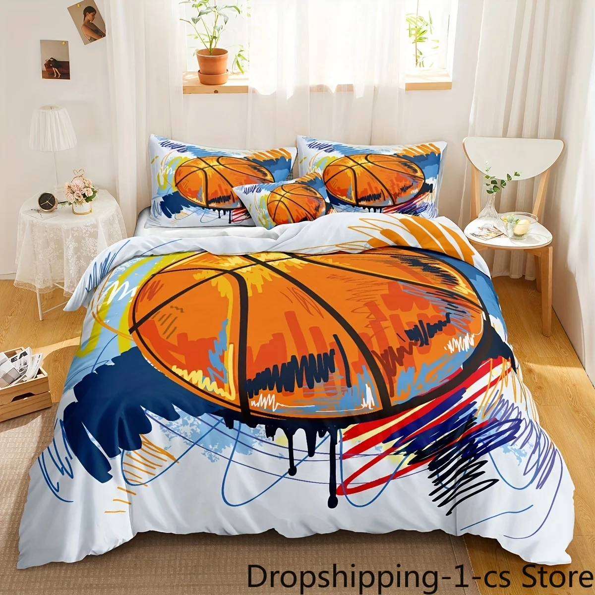 Polyester Duvet Cover Set Comic Basketball Print Bedding Set Soft Comfortable Duvet Cover For Bedroom Guest Room Pillowcase