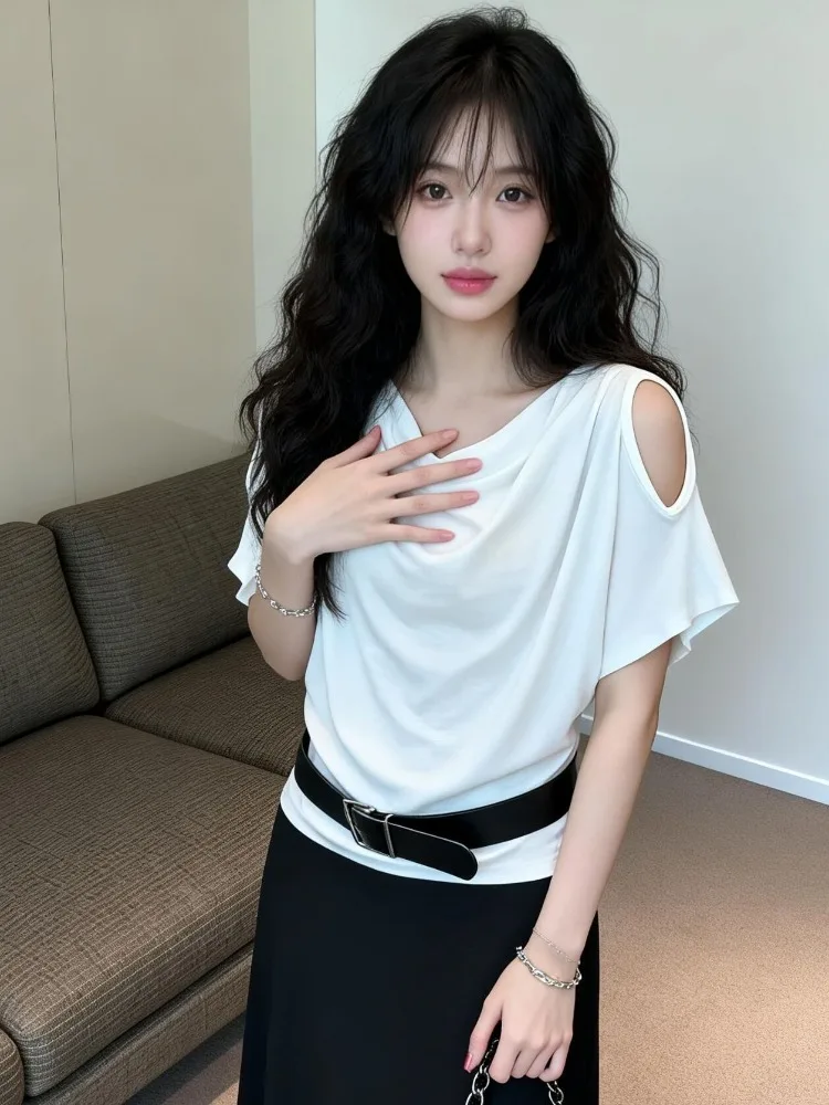 

Fashionable Spicy Girl Shoulder-baring Short Sleeve T-shirt Women's Summer New Elastic Waist Half-length Skirt Belt Three-pie...