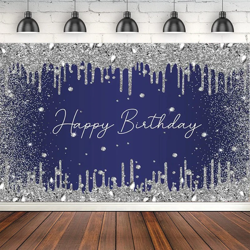 Dark Purple Photography Backdrop Sliver Glitter Happy Birthday Theme Background Poster Diamonds Adult Women Photo Booth Banner