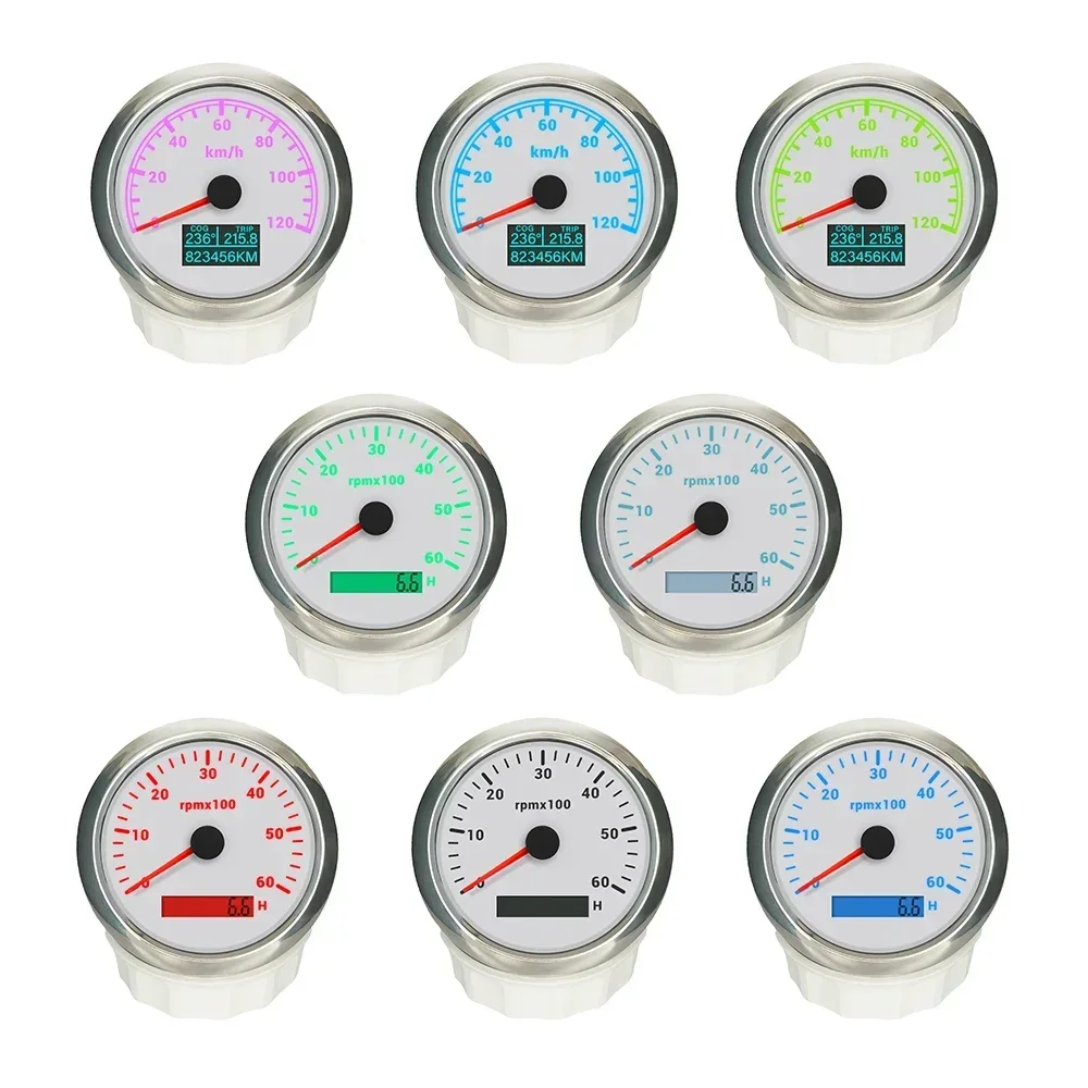 85mm GPS Speedometer 30knots 60km/h 120KMH 0-200km/h + 0-4000RPM 0-8000RPM Tachometer with 7 Colors Backlight for Yacht Car Boat