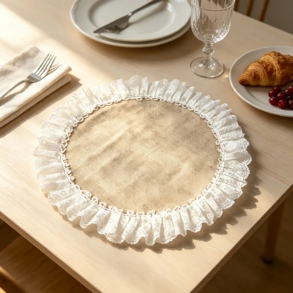 New Lace Trim Jute Placemat Round Rustic Style Table Mat Ruffle Edge Coaster Kitchen Dining