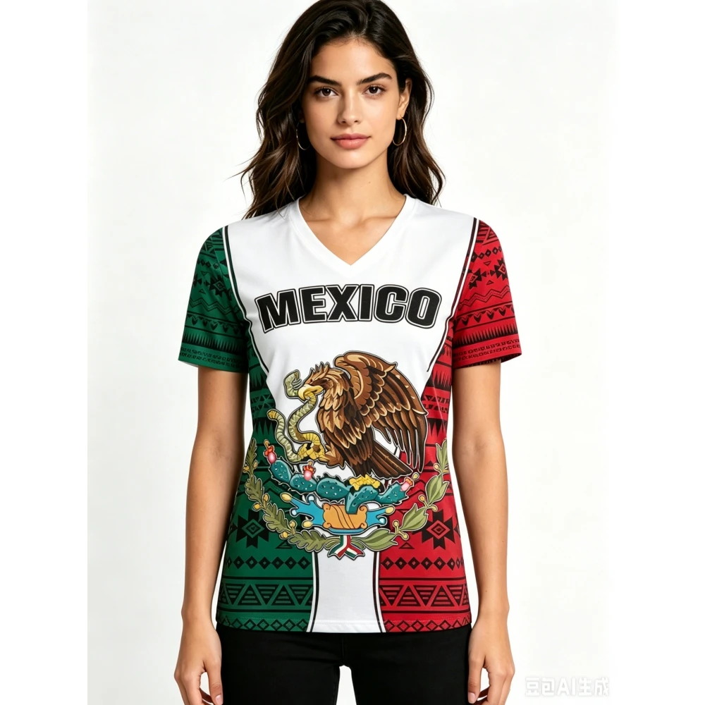 Camisetas Femininas com Estampa de Águia do México, Verão, Soltas, Decote em V, Manga Curta, Padrão da Bandeira Nacional do México