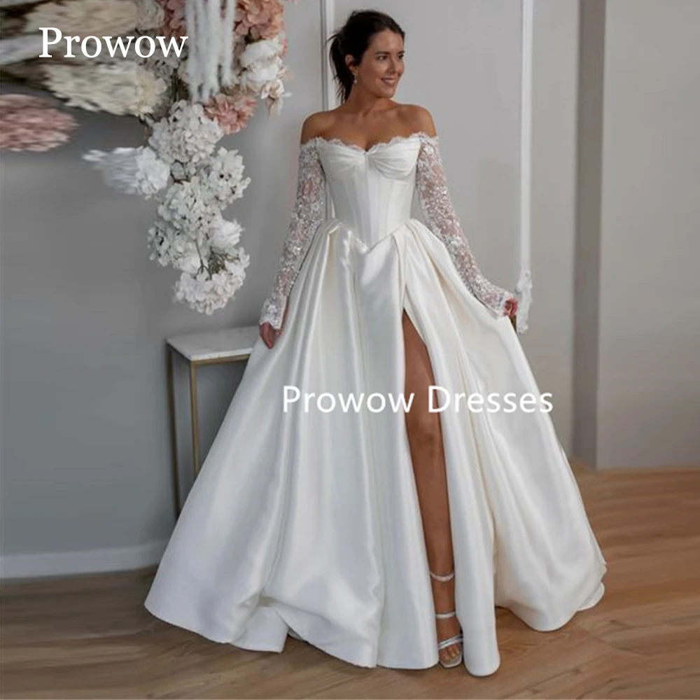 Prowow Luxury Ivory A Line Wedding Dresses High Slit Silk Satin Bridal Gown Floor Length Beads Sleeves Off Shoulder Customized