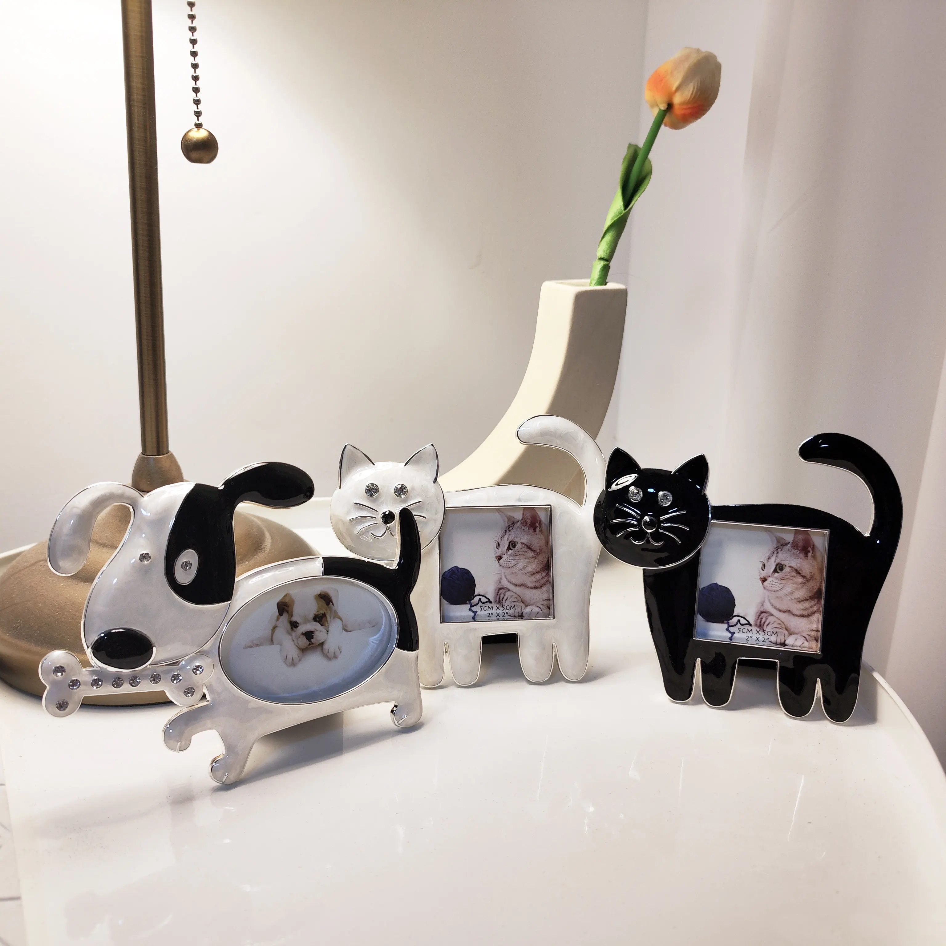 Cute Mini Metal Pet Frame, 3 Inch Dog Cat Photo Holder for Desk, Small Freestanding Keepsake Ornament, Gift for Pet Lovers