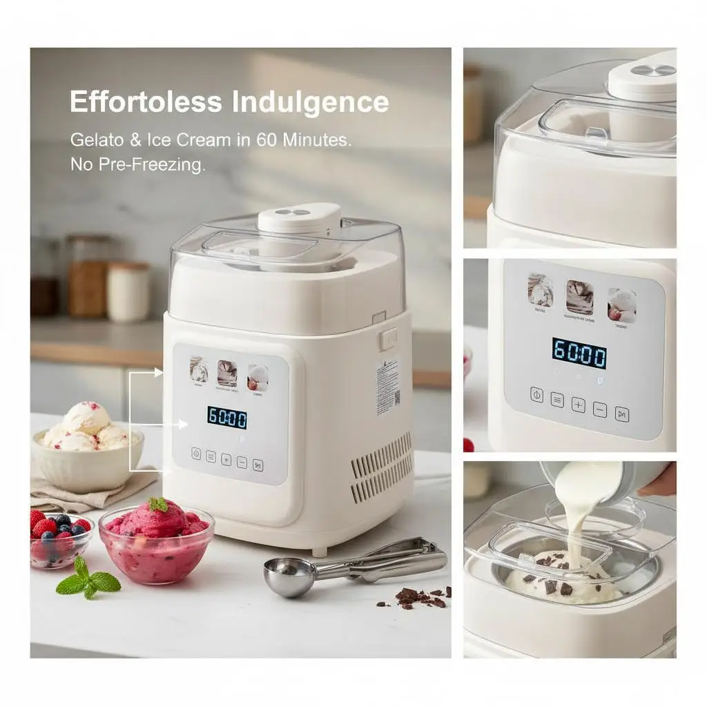 Sorbetera Automática Vertical de 1 L, Turbina para Helados, Sorbetes y Yogur Helado con Compresor Integrado, Máquina para Hacer Helados