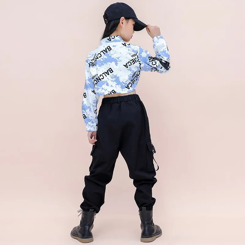Hip Hop Girls Contrast Crop Top Cargo Pants Child Jazz Streetwear Sweatshirt Kids Street Dance Cheerleader Clothes Set