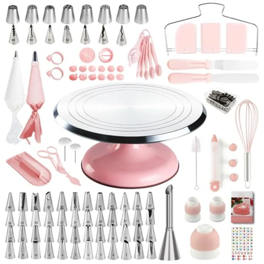 

Cake Decoratg Kit, 138pcs Cake Decorating Supply with Aluminium Cake, 64 Numbered Icg Pipg Tips, 2 Spatulas, 3 Icg Comb Scraper
