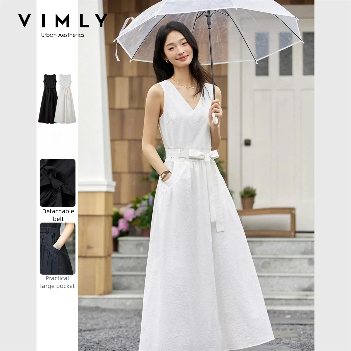 

VIMLY Simple Office Tank A-Line with Sashes Dress Women's Sexy Sleeveless V-neck Party Evening Dress 2026 Summer Casual Dress