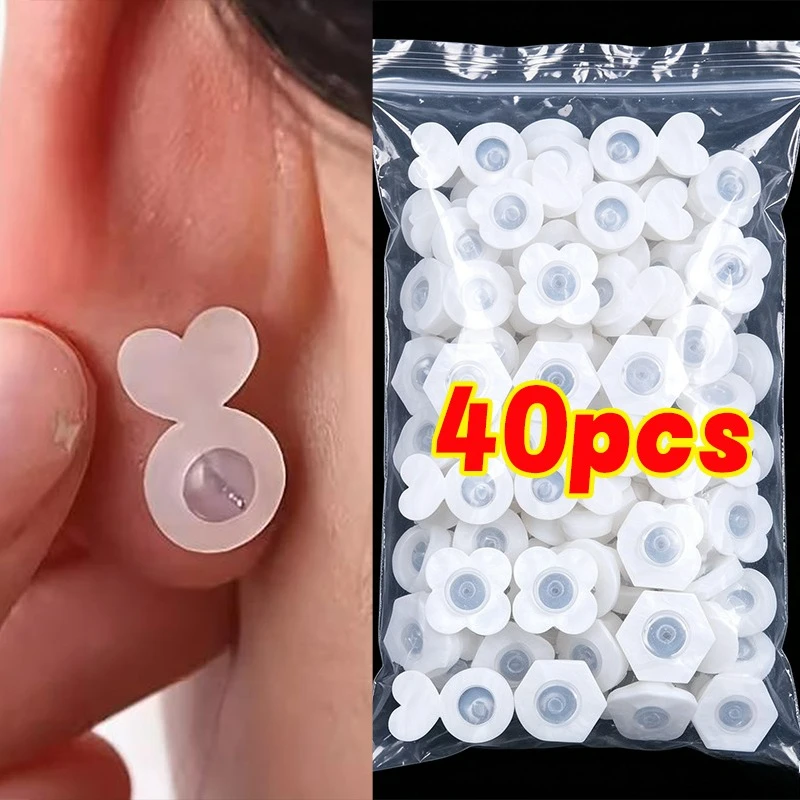 2/40pcs Transparent Ear Plugs for Women with White Acrylic Shell Frisbee Clip Earrings Allergy-proof Film Studs Back Buckle Cap