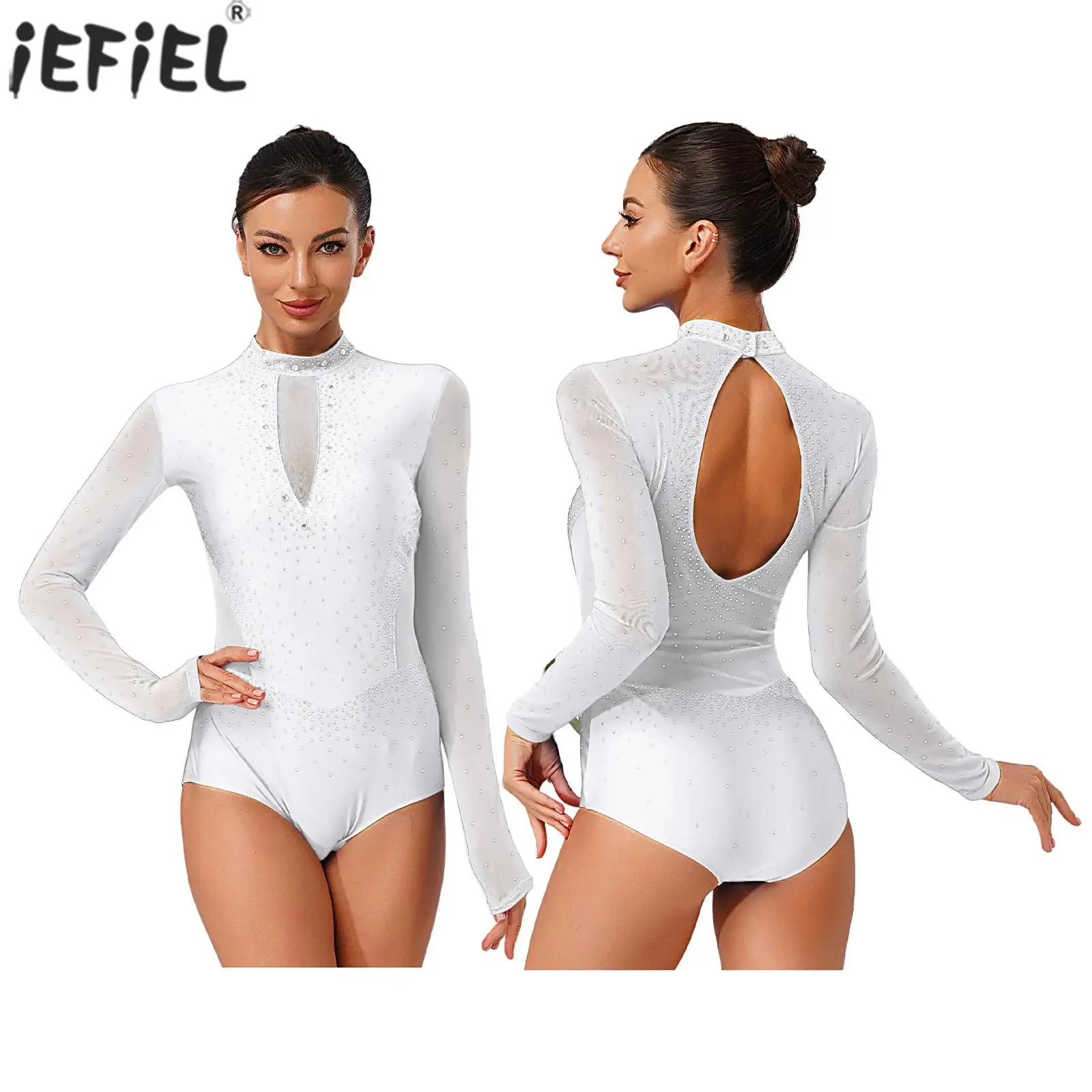 

Women Long Sleeve Rhinestone Ballet Acrobatics Dance Performance Bodysuit Sheer Mesh Gymnastics Skating Competition Dance Wear