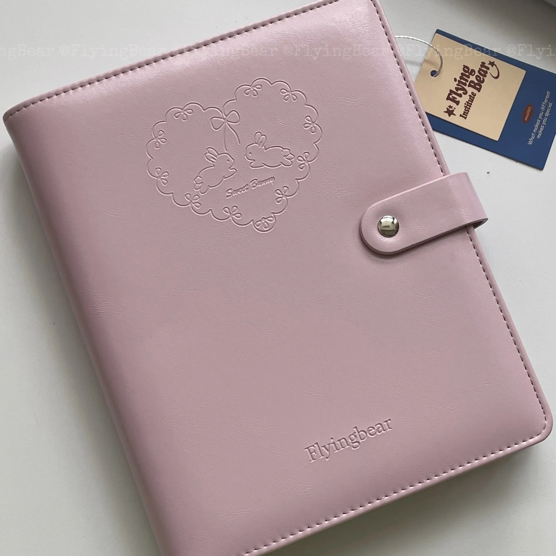Sakura Pink Rabbit A5 PU Leather Binder, Cute Scrapbook Photo Album 6-Ring Portable Photocard Holder for Polaroid & Stickers