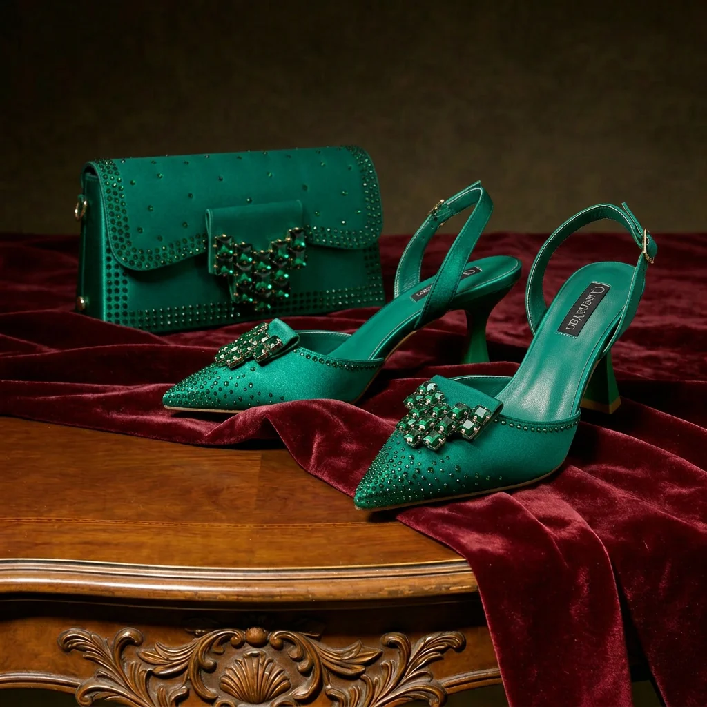 Queen Yan Green Color Rhinestone Comfortable Women's Pumps Heels And Bag Fashion Style Pointed-Toe Shoes For Farty Occasion