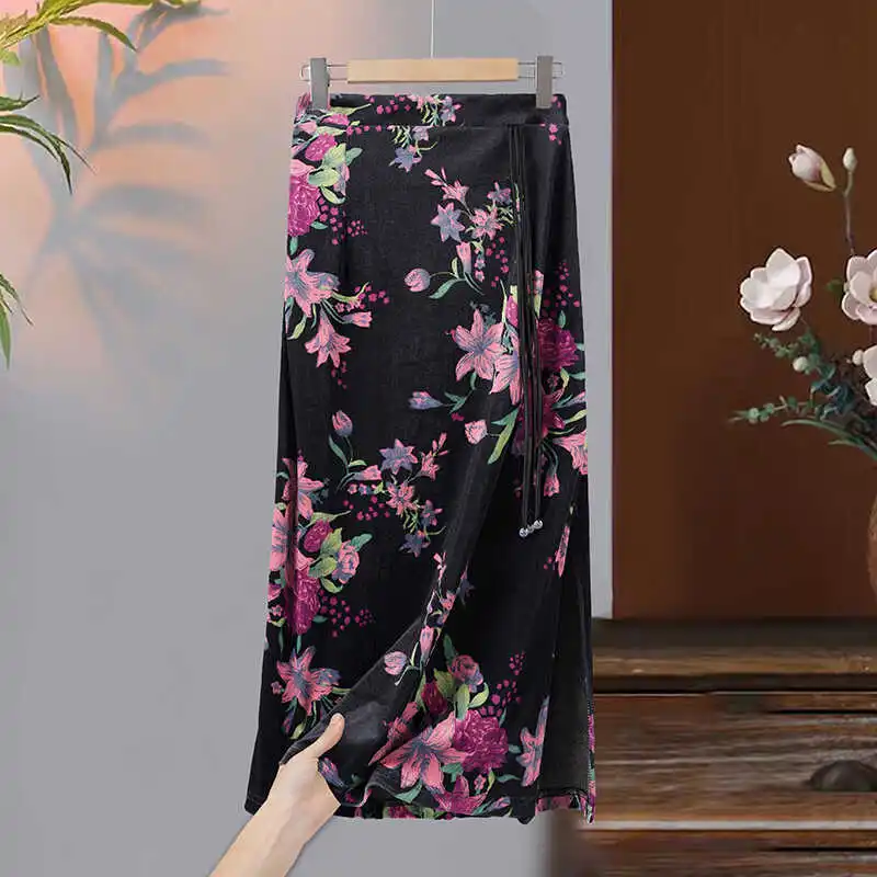 

Элегантная юбка-миди с завышенной талией и принтом для женщин среднего возраста, винтажная китайская юбка-карандаш с запахом, для повседневной носки