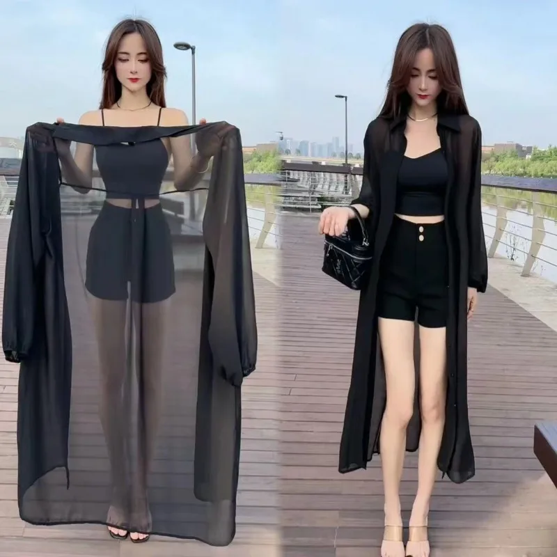 Summer Thin Sun-proof Jackets Women Elegant High Street Holiday Femme Solid Outwear Long Style Sheer Coats Fashion Breathable