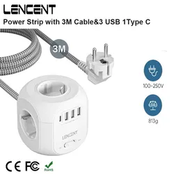 LENCENT EU Plug Power Strip Cube with 4 AC Outlets 3 USB Port 1 Type C 3M Braided Cable Multi Socketr with Switch for Home