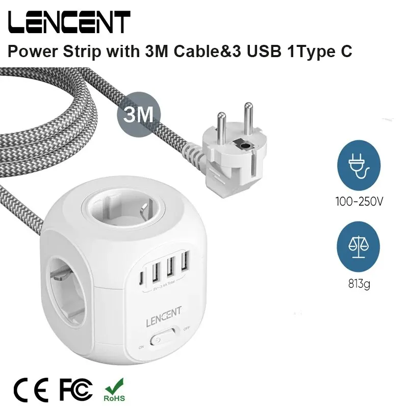 LENCENT EU Plug Power Strip Cube with 4 AC Outlets 3 USB Port 1 Type C 3M Braided Cable Multi Socketr with Switch for Home