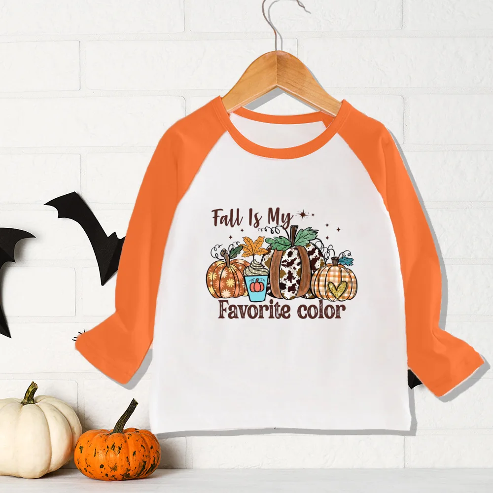 Fall for Jesus He Never Leaves Print Shirt Kids Thanksgiving Halloween Party T-shirt Boys Girls Raglan Sleeve Tee Child Fall Top